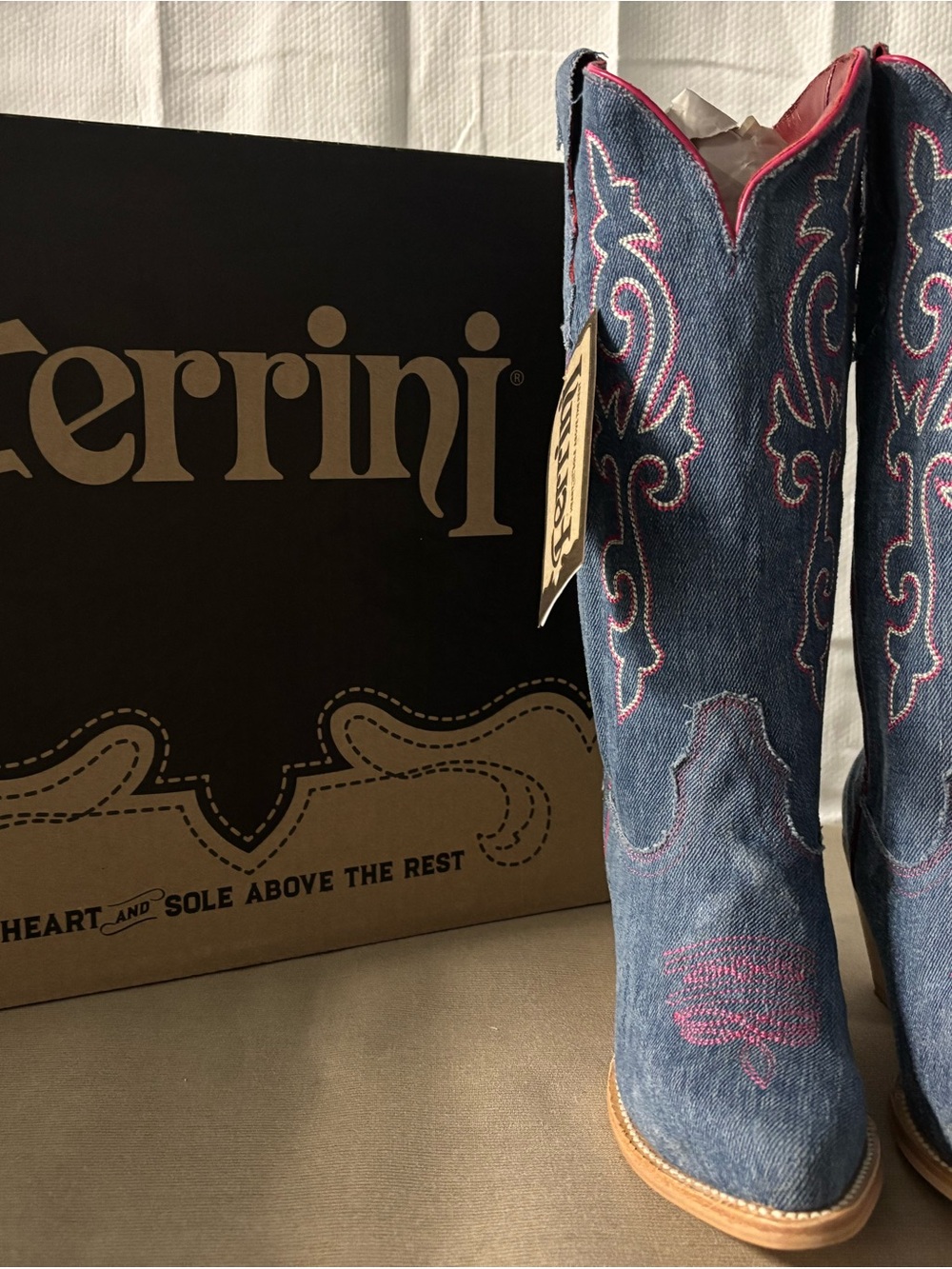 Ferrini Denim Western Boots with Pink Embroidery